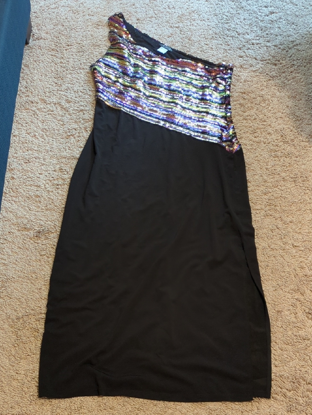 VENUS Black One-Shoulder Dress with Multicolor Sequin Stripes